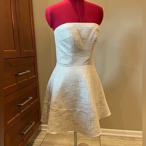 Like New 🦢 Express Shimmering Silver & Ivory Strapless Midi Swing Dress Sz 8